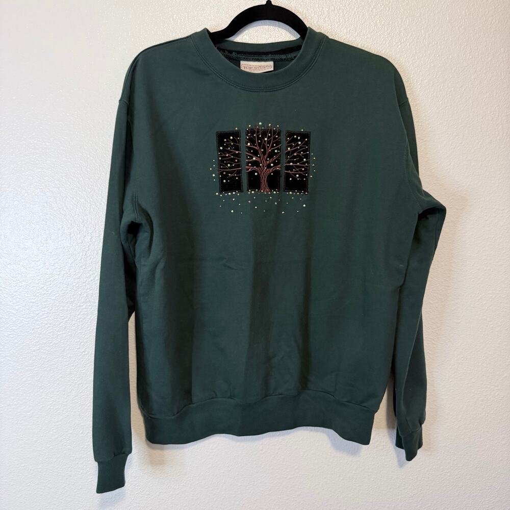 Top Stitch Vintage Green Fall Tree Forest Green Sweatshirt Women's M